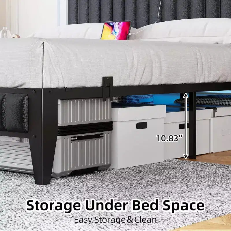 Cadre de lit CuisinSmart avec station de recharge, cadre de lit LED avec tête de lit de rangement, cadre de lit plateforme rembourré, aucun sommier tapissier requis