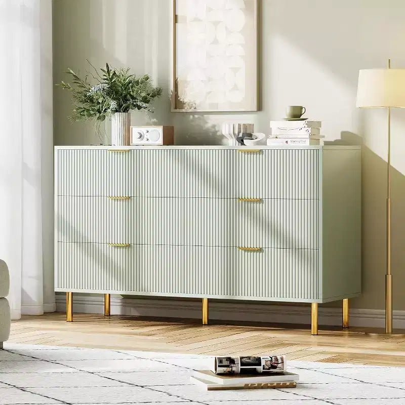 Commode, commode moderne à 6 tiroirs pour chambre à coucher avec poignées dorées et grands tiroirs, commode double en bois et meuble de rangement