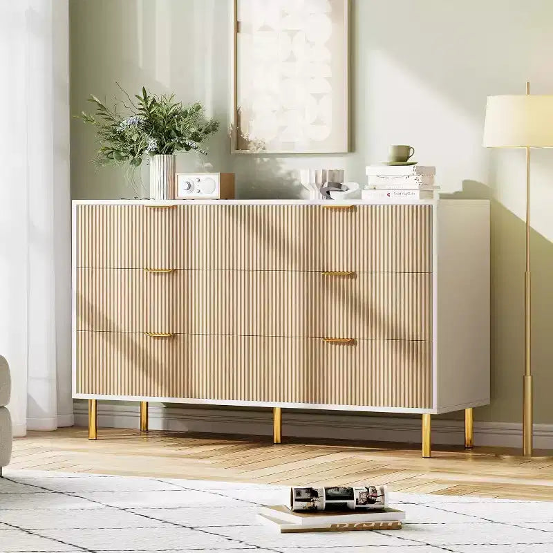 Commode, commode moderne à 6 tiroirs pour chambre à coucher avec poignées dorées et grands tiroirs, commode double en bois et meuble de rangement