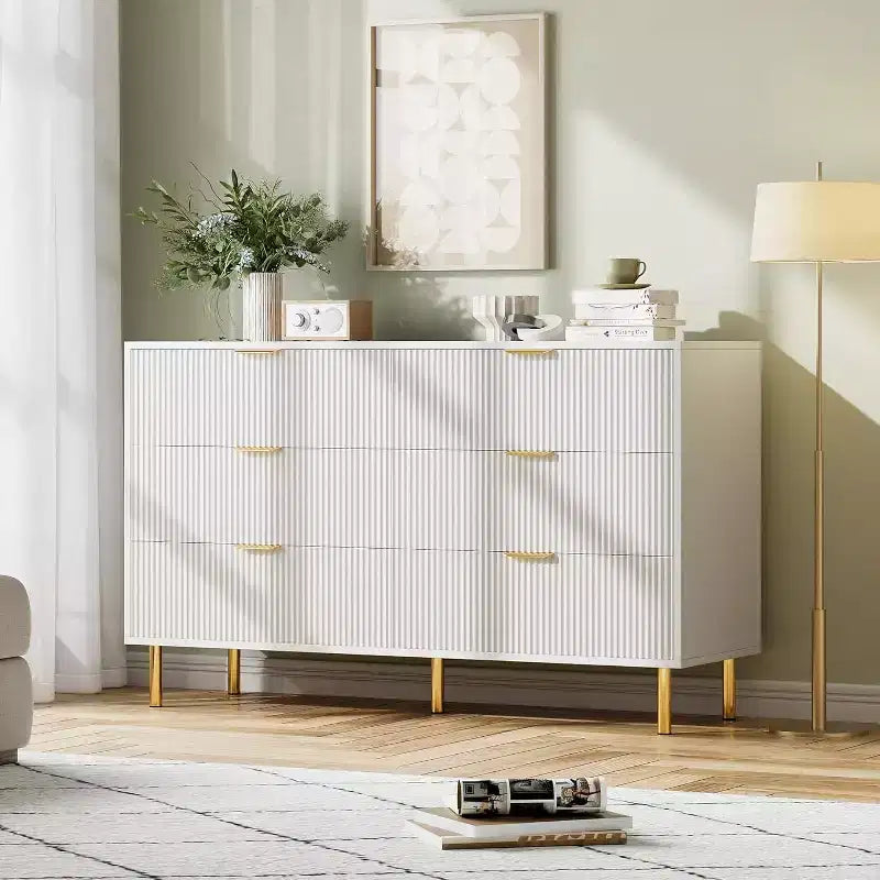 Commode, commode moderne à 6 tiroirs pour chambre à coucher avec poignées dorées et grands tiroirs, commode double en bois et meuble de rangement