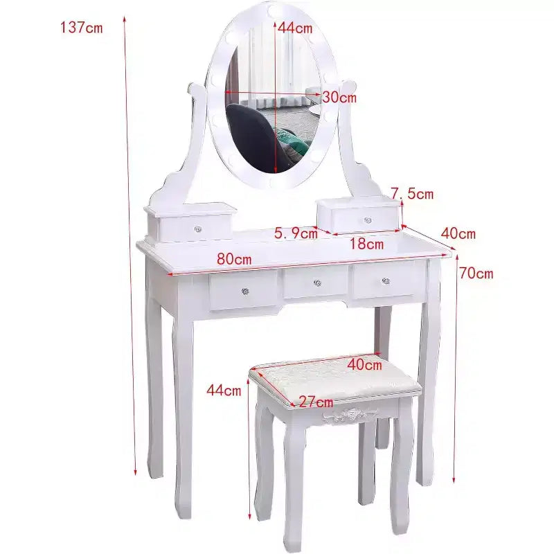GustoWave Coiffeuse, Coiffeuse avec Miroir Lumineux et Ensemble Table avec 5 Tiroirs, Table de Maquillage en Bois avec Miroir Ovale et Tabouret pour Chambre à Coucher