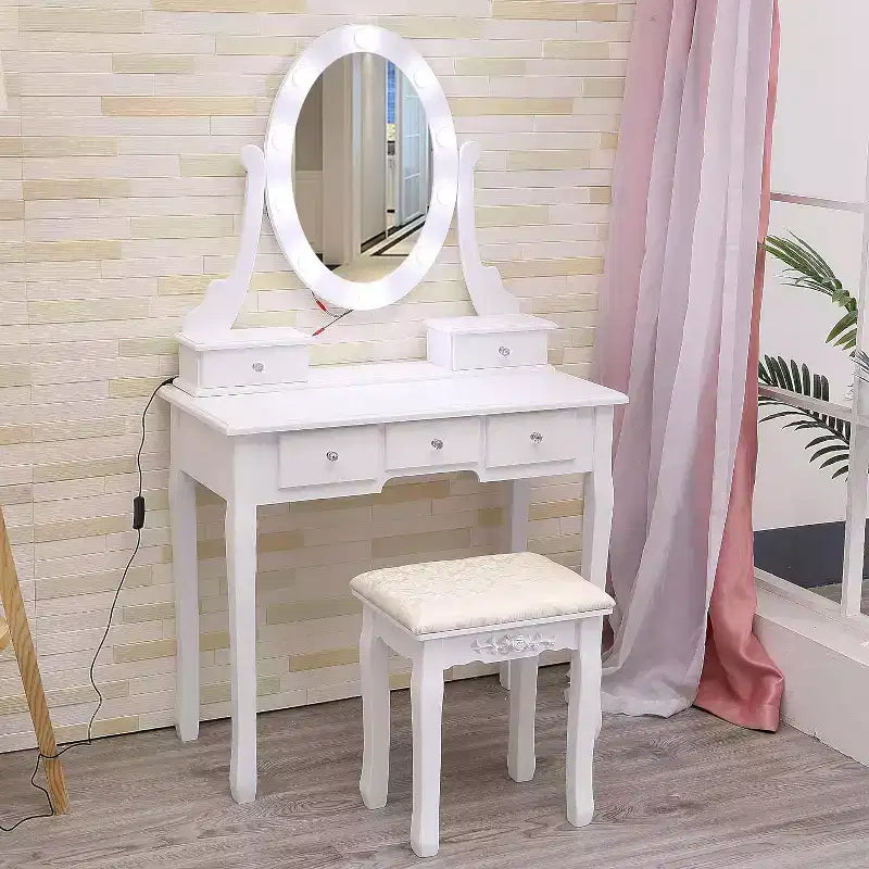 GustoWave Coiffeuse, Coiffeuse avec Miroir Lumineux et Ensemble Table avec 5 Tiroirs, Table de Maquillage en Bois avec Miroir Ovale et Tabouret pour Chambre à Coucher