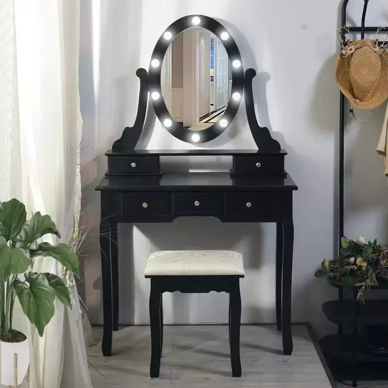 GustoWave Coiffeuse, Coiffeuse avec Miroir Lumineux et Ensemble Table avec 5 Tiroirs, Table de Maquillage en Bois avec Miroir Ovale et Tabouret pour Chambre à Coucher