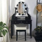 GustoWave Coiffeuse, Coiffeuse avec Miroir Lumineux et Ensemble Table avec 5 Tiroirs, Table de Maquillage en Bois avec Miroir Ovale et Tabouret pour Chambre à Coucher