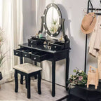 GustoWave Coiffeuse, Coiffeuse avec Miroir Lumineux et Ensemble Table avec 5 Tiroirs, Table de Maquillage en Bois avec Miroir Ovale et Tabouret pour Chambre à Coucher