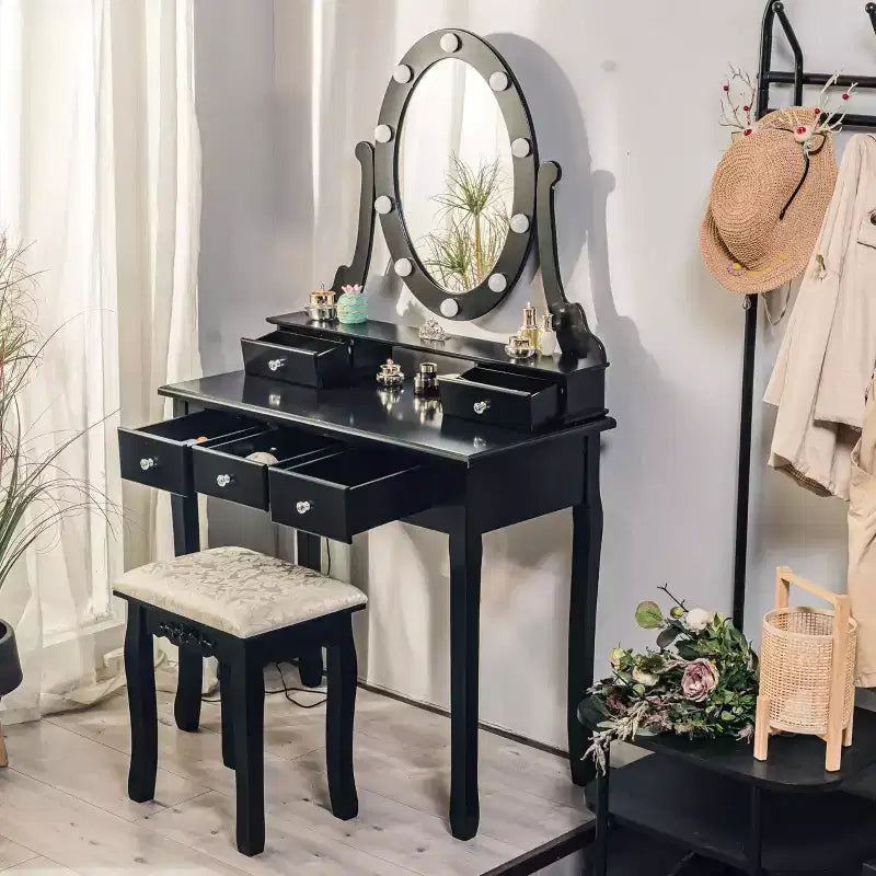 GustoWave Coiffeuse, Coiffeuse avec Miroir Lumineux et Ensemble Table avec 5 Tiroirs, Table de Maquillage en Bois avec Miroir Ovale et Tabouret pour Chambre à Coucher