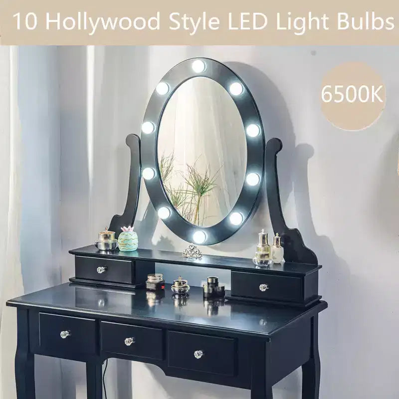 GustoWave Coiffeuse, Coiffeuse avec Miroir Lumineux et Ensemble Table avec 5 Tiroirs, Table de Maquillage en Bois avec Miroir Ovale et Tabouret pour Chambre à Coucher