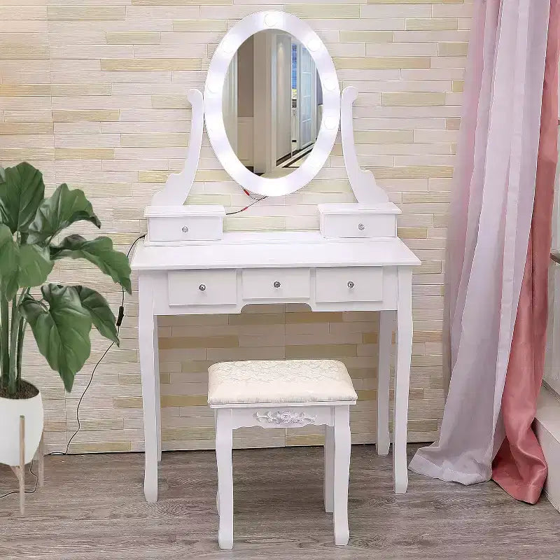 GustoWave Coiffeuse, Coiffeuse avec Miroir Lumineux et Ensemble Table avec 5 Tiroirs, Table de Maquillage en Bois avec Miroir Ovale et Tabouret pour Chambre à Coucher