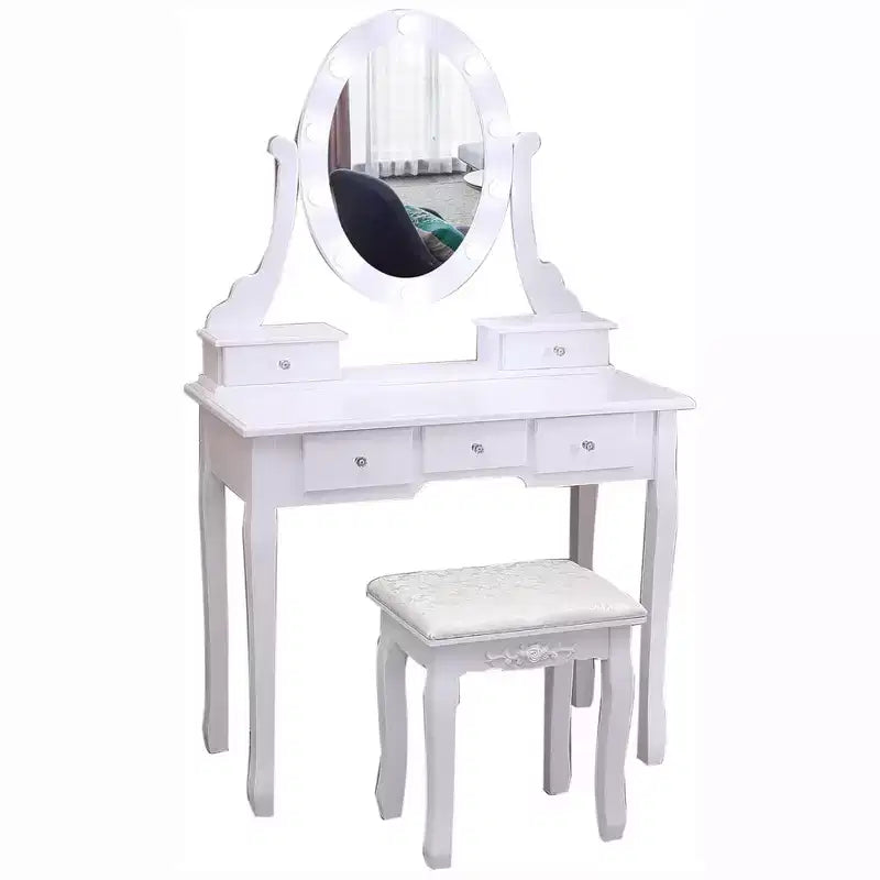 GustoWave Coiffeuse, Coiffeuse avec Miroir Lumineux et Ensemble Table avec 5 Tiroirs, Table de Maquillage en Bois avec Miroir Ovale et Tabouret pour Chambre à Coucher
