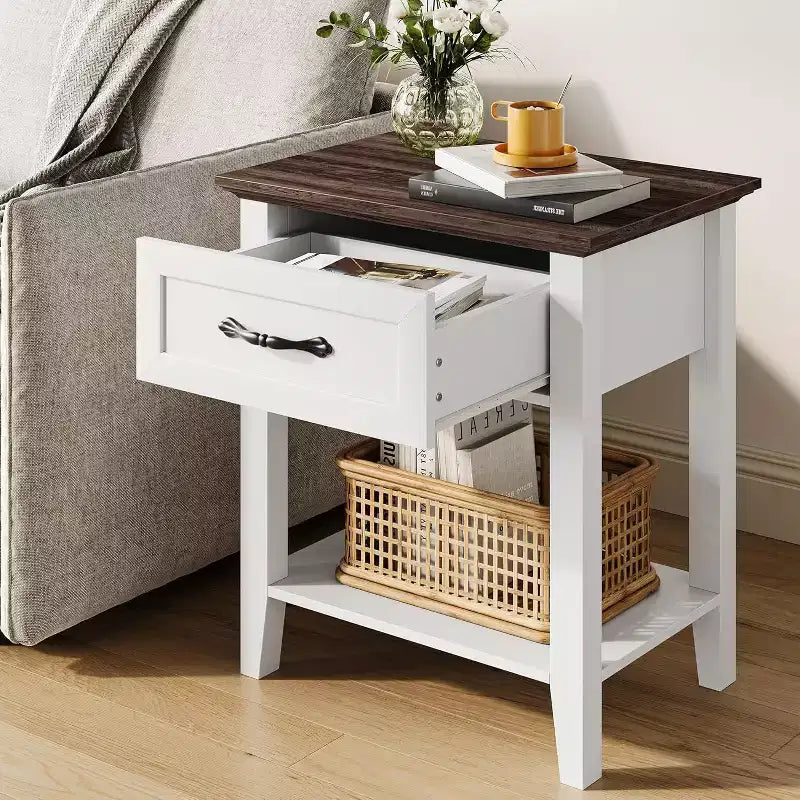 Table de chevet avec tiroir et 2 étagères de rangement, table d'appoint polyvalente pour chambre à coucher, salon, dortoir et petits espaces
