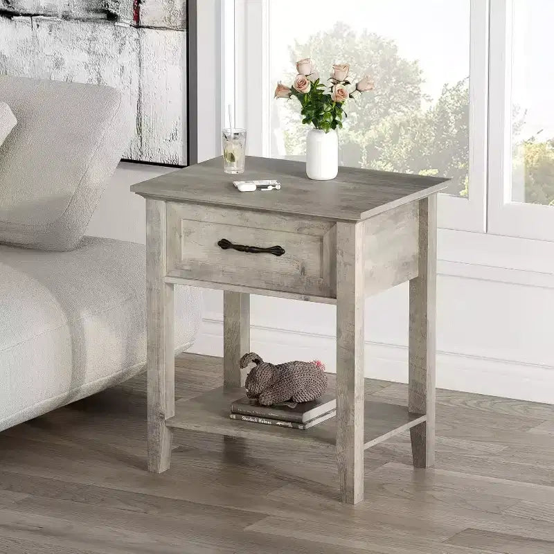 Table de chevet avec tiroir et 2 étagères de rangement, table d'appoint polyvalente pour chambre à coucher, salon, dortoir et petits espaces