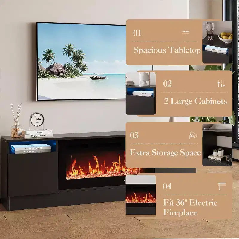 Meuble TV pour téléviseur jusqu'à 75 pouces, meuble de divertissement moderne avec armoire de rangement, s'adapte à une cheminée électrique de 36 pouces