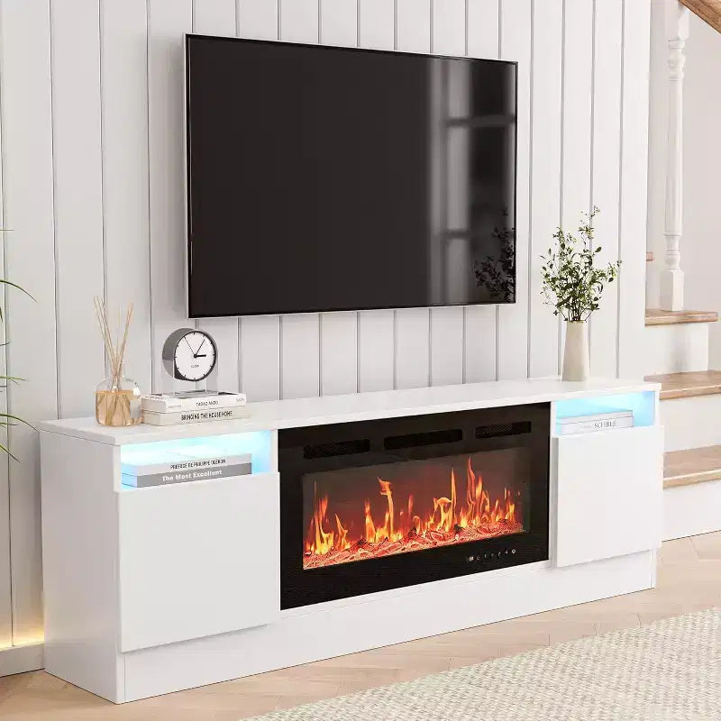 Meuble TV pour téléviseur jusqu'à 75 pouces, meuble de divertissement moderne avec armoire de rangement, s'adapte à une cheminée électrique de 36 pouces