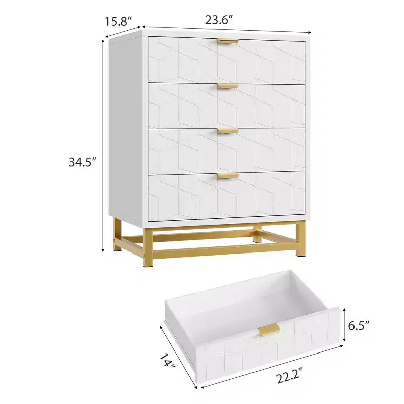 Table de chevet moderne avec 4 tiroirs, table d'appoint en bois avec pieds en métal, bout de canapé pour petit espace, commode à 4 tiroirs pour chambre à coucher