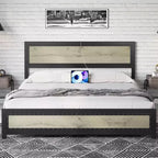 Bed Frame with Charging Station, Industrial Design Platform Bed Frame with Headboard and Metal Slated Frame, No Spring Box Need, Easy Assembly