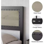 Cadre de lit avec station de charge, lit plateforme au design industriel avec tête de lit et cadre en métal à lattes, pas besoin de sommier, montage facile