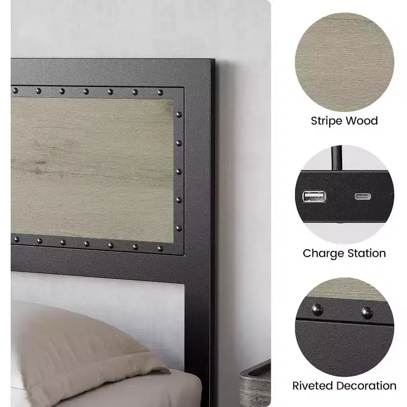 Cadre de lit avec station de charge, lit plateforme au design industriel avec tête de lit et cadre en métal à lattes, pas besoin de sommier, montage facile