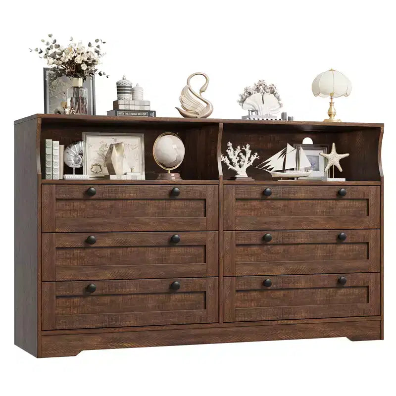 55 Inch Wooden 6 Drawer Dresser for Bedroom with Led Light, and Large Capacity Storage, Wide Storage Dressers Organizer for Closet and Living Room