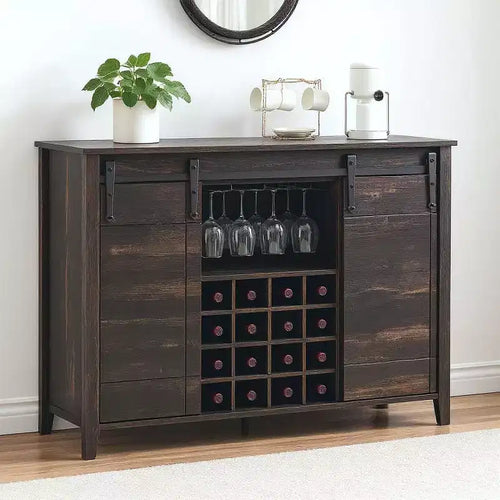 Acekool Bar Cabinet, 47 Buffet Server Sideboard with Sliding Barn Doors, Farmhouse Storage Cabinet with Adjustable Shelf for Dining Room Dark Brown