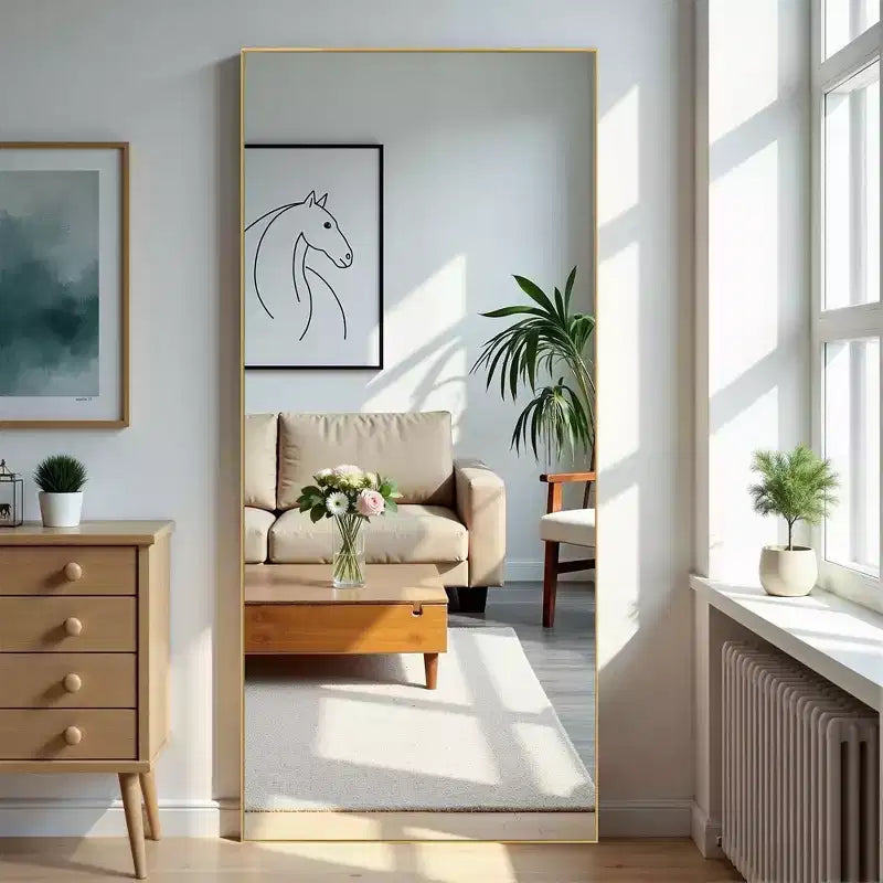 PexFix Miroir de Poutre Pleine Longueur 71x31 en Aluminium à Bord Fin et Angle Droit avec Support