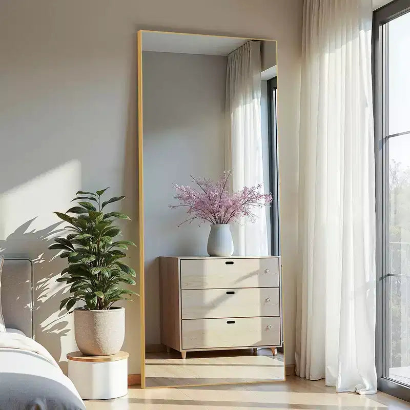PexFix Miroir de Poutre Pleine Longueur 71x31 en Aluminium à Bord Fin et Angle Droit avec Support