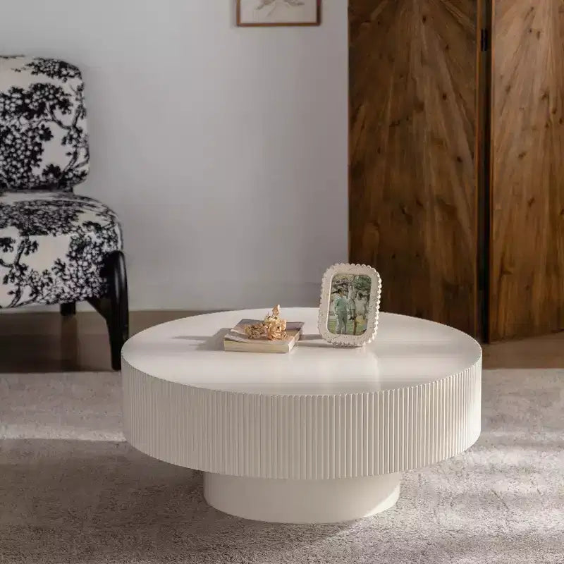 Maxax White Modern Round Coffee Table, 34.25 Wooden Drum Center Table.Contemporary Accent Coffee Table for Living Room, Apartment, Office