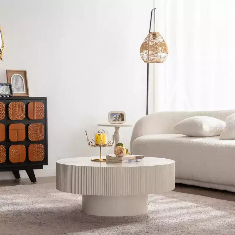 Maxax Table basse ronde moderne blanche, table d'appoint en bois de 34,25 pouces. Table basse d'appoint contemporaine pour salon, appartement, bureau