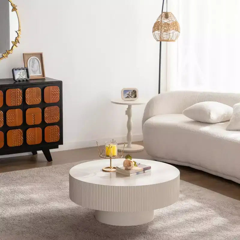 Maxax Table basse ronde moderne blanche, table d'appoint en bois de 34,25 pouces. Table basse d'appoint contemporaine pour salon, appartement, bureau