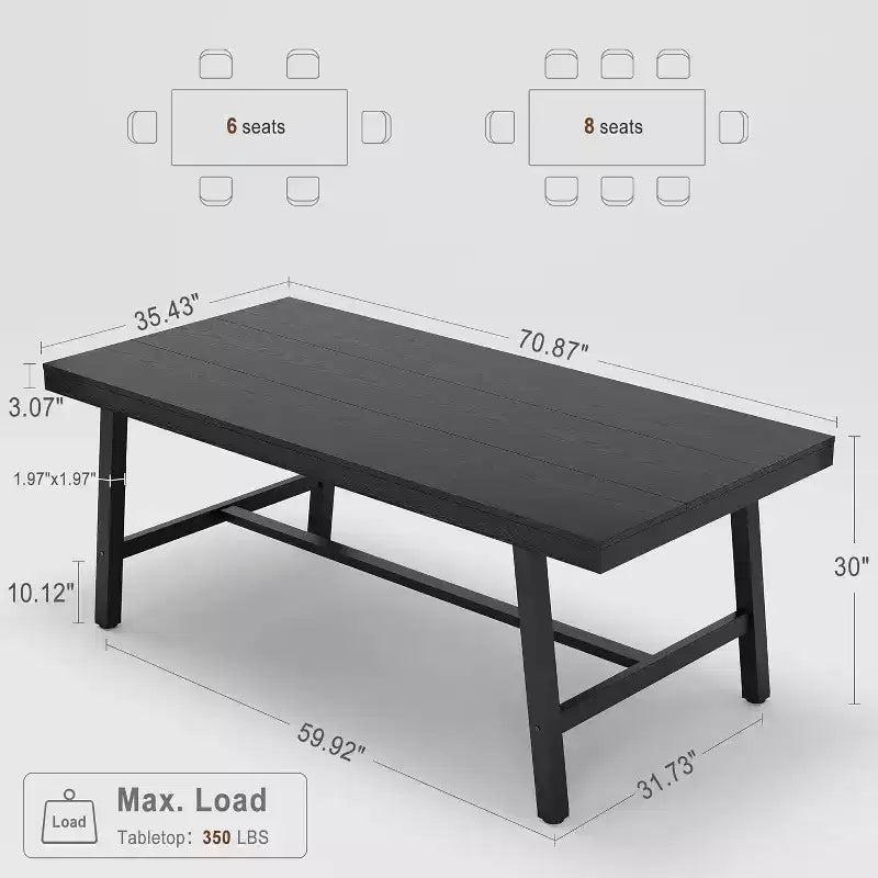 Table à manger de style industriel pour 6 à 8 personnes, table de cuisine en bois de 180 cm de long avec cadre métallique durable, finition noire, pour salle à manger ou cuisine