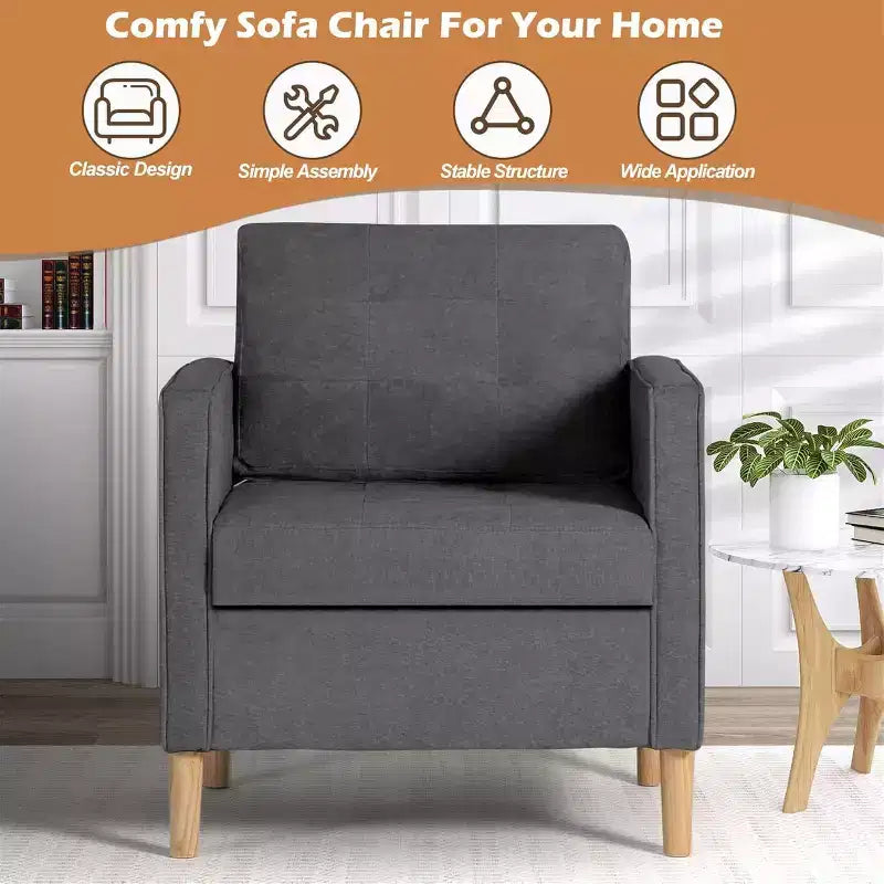 Fauteuil décoratif TYBOATLE en lin confortable à accoudoirs arrondis pour salon, chaise de lecture et de détente à dossier haut pour salon, chambre, salle d'attente, gris