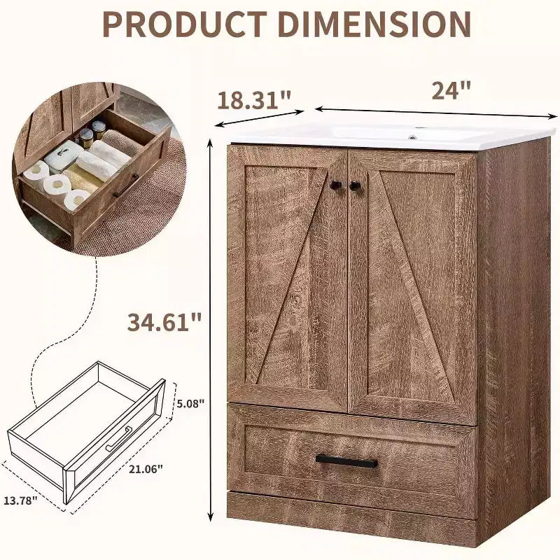 Meuble-lavabo de salle de bain Mastgoal 24 style ferme avec évier, commode de salle de bain avec grand tiroir de rangement