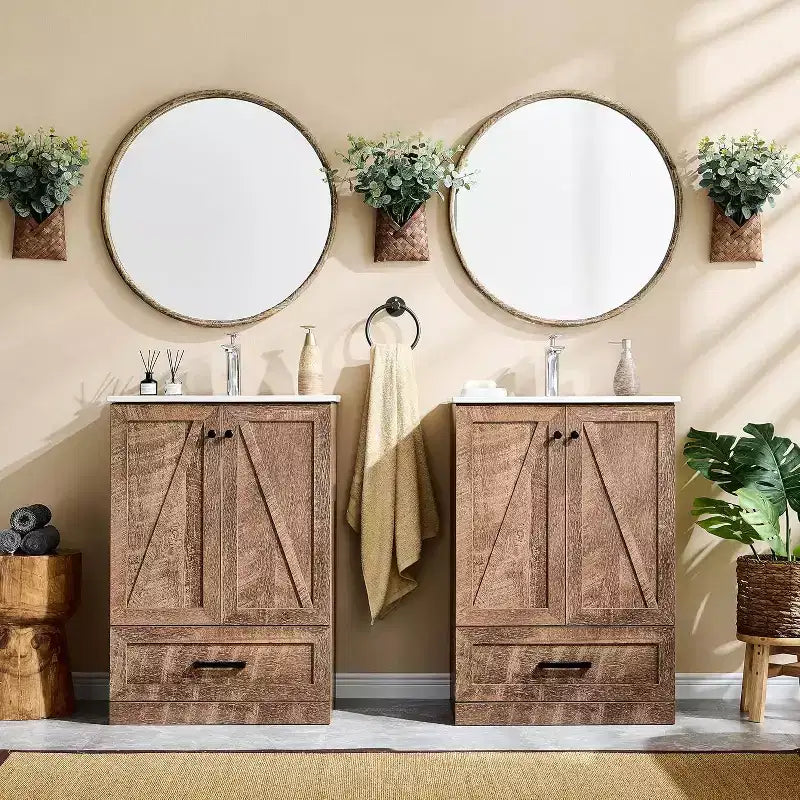 Meuble-lavabo de salle de bain Mastgoal 24 style ferme avec évier, commode de salle de bain avec grand tiroir de rangement