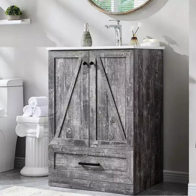 Meuble-lavabo de salle de bain Mastgoal 24 style ferme avec évier, commode de salle de bain avec grand tiroir de rangement