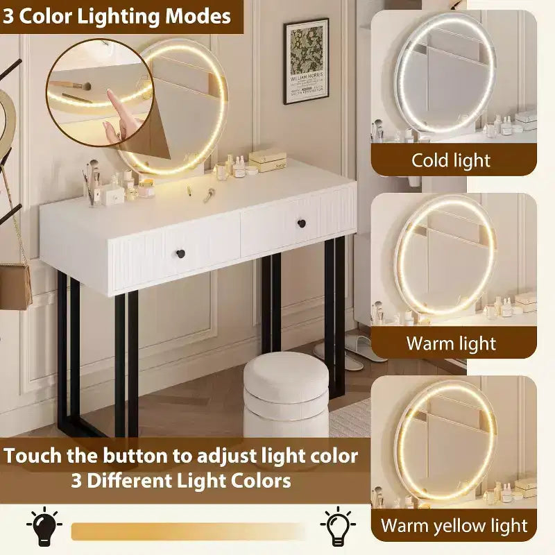 Acekool Coiffeuse avec Miroir et Lumières, Petite Table de Maquillage avec 2 Tiroirs, LED 3 Couleurs, Luminosité Réglable, Organisateur pour Chambre à Coucher