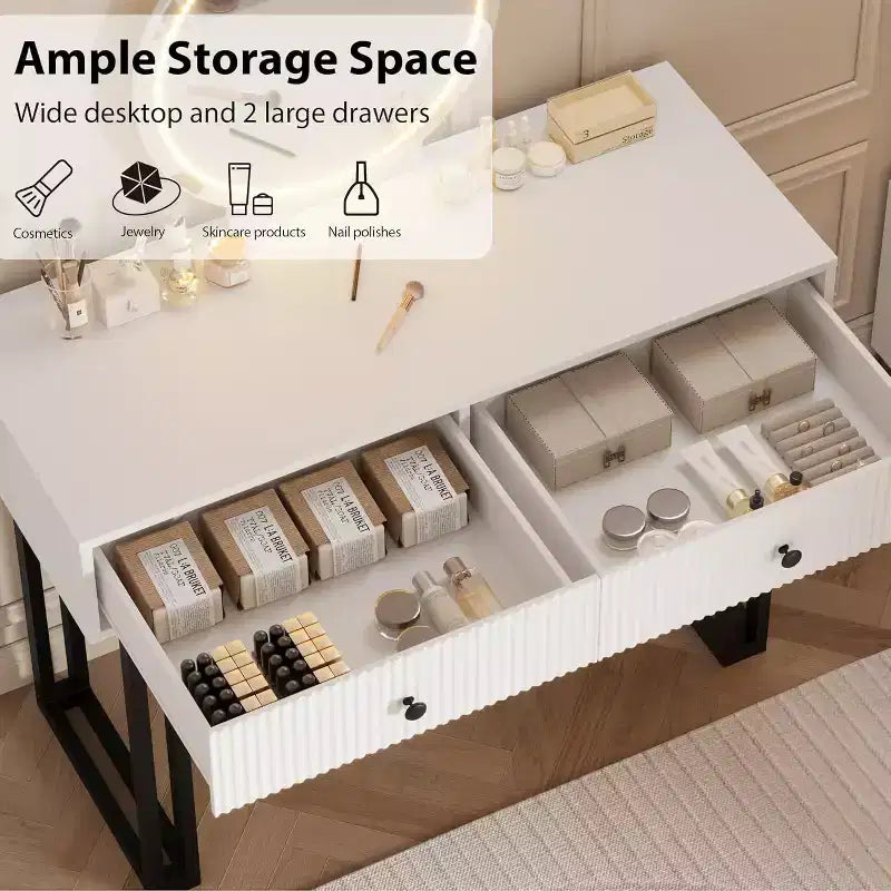 Acekool Coiffeuse avec Miroir et Lumières, Petite Table de Maquillage avec 2 Tiroirs, LED 3 Couleurs, Luminosité Réglable, Organisateur pour Chambre à Coucher