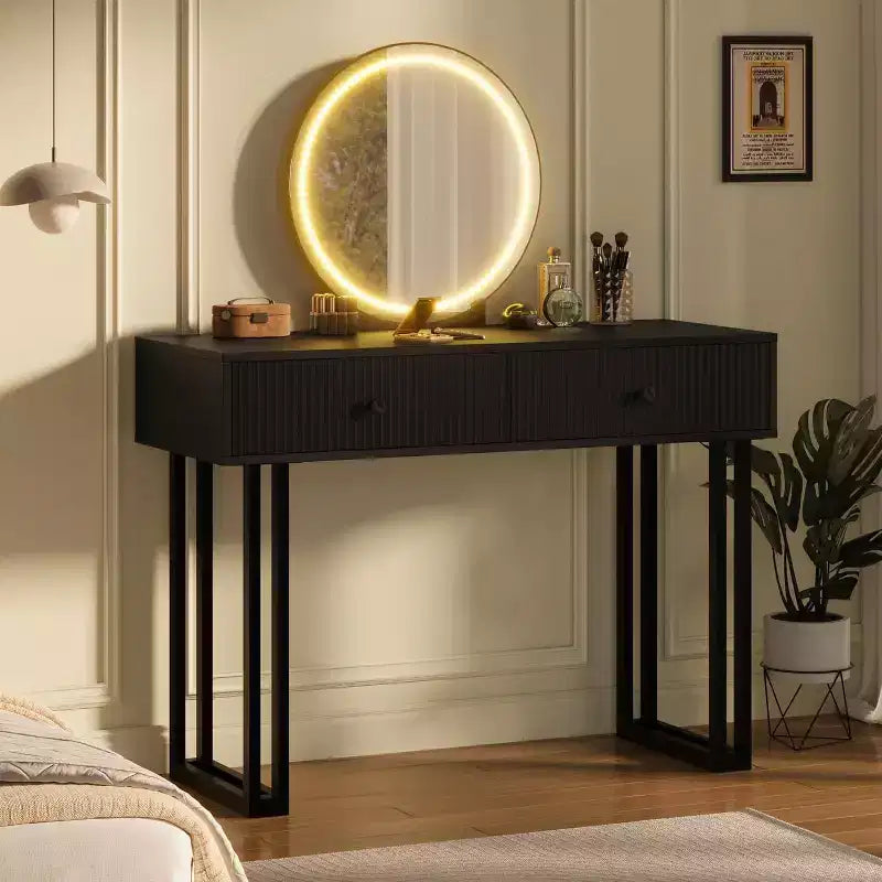 Acekool Coiffeuse avec Miroir et Lumières, Petite Table de Maquillage avec 2 Tiroirs, LED 3 Couleurs, Luminosité Réglable, Organisateur pour Chambre à Coucher
