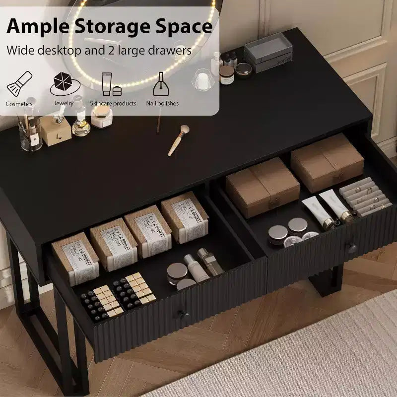 Acekool Coiffeuse avec Miroir et Lumières, Petite Table de Maquillage avec 2 Tiroirs, LED 3 Couleurs, Luminosité Réglable, Organisateur pour Chambre à Coucher