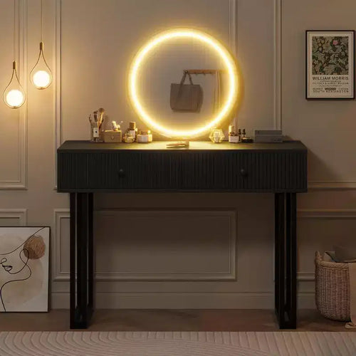 Acekool Vanity Desk with Mirror and Lights, Small Makeup Dressing Table with 2 Drawers, 3-Color LED, Adjustable Brightness, Organizer for Bedroom