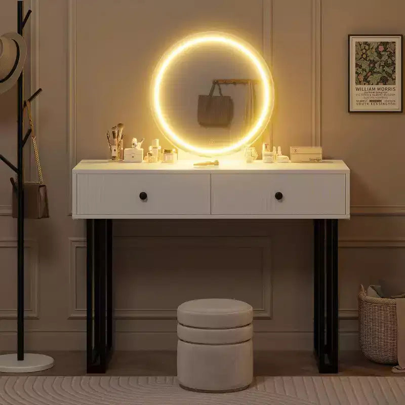 Acekool Coiffeuse avec Miroir et Lumières, Petite Table de Maquillage avec 2 Tiroirs, LED 3 Couleurs, Luminosité Réglable, Organisateur pour Chambre à Coucher