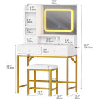 Coiffeuse Acekool avec miroir, lumières LED 3 couleurs, station de charge, 4 tiroirs, 6 étagères, tabouret, blanc et or