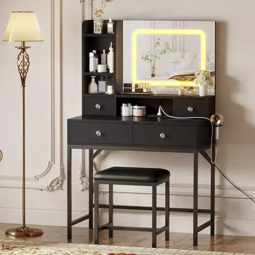 Coiffeuse Acekool avec miroir, lumières LED 3 couleurs, station de charge, 4 tiroirs, 6 étagères, tabouret, blanc et or