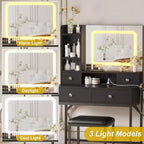 Coiffeuse Acekool avec miroir, lumières LED 3 couleurs, station de charge, 4 tiroirs, 6 étagères, tabouret, blanc et or