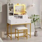 Coiffeuse Acekool avec miroir, lumières LED 3 couleurs, station de charge, 4 tiroirs, 6 étagères, tabouret, blanc et or
