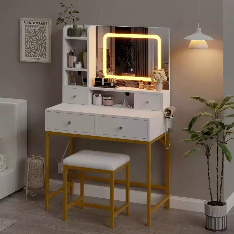 Coiffeuse Acekool avec miroir, lumières LED 3 couleurs, station de charge, 4 tiroirs, 6 étagères, tabouret, blanc et or