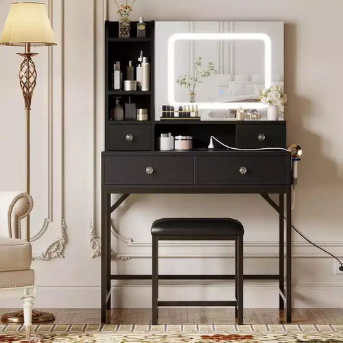 Acekool Makeup Vanity Desk with Mirror, 3-Color LED Lights, Charging Station, 4 Drawers, 6 Shelves, Stool, White Gold
