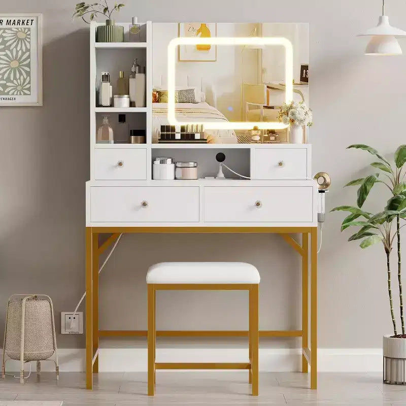 Coiffeuse Acekool avec miroir, lumières LED 3 couleurs, station de charge, 4 tiroirs, 6 étagères, tabouret, blanc et or