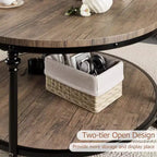 Table basse ronde GustoWave, table basse rustique à 2 niveaux en bois avec étagère de rangement pour la maison, les appartements, les petits espaces