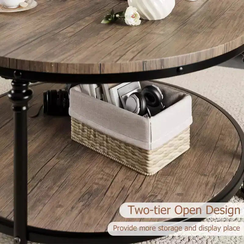 Table basse ronde GustoWave, table basse rustique à 2 niveaux en bois avec étagère de rangement pour la maison, les appartements, les petits espaces