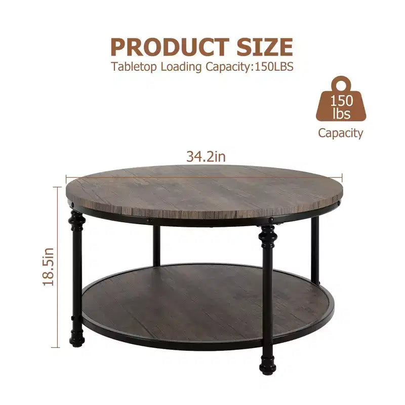 Table basse ronde GustoWave, table basse rustique à 2 niveaux en bois avec étagère de rangement pour la maison, les appartements, les petits espaces