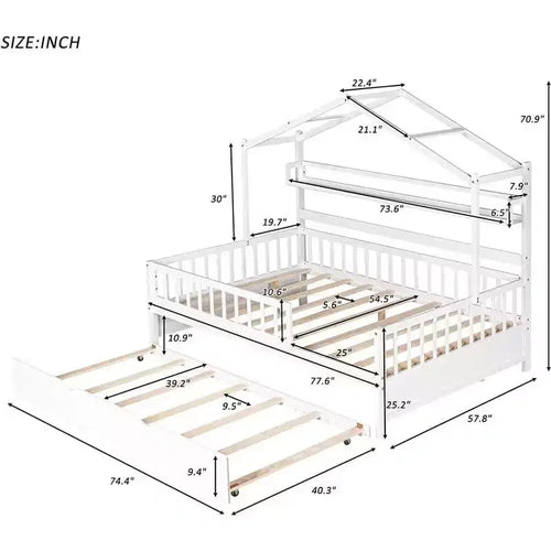 Acekool Lit cabane grandeur nature avec lit gigogne double, tiroirs de rangement et étagères, toit et clôture, lit plateforme pour enfants, blanc